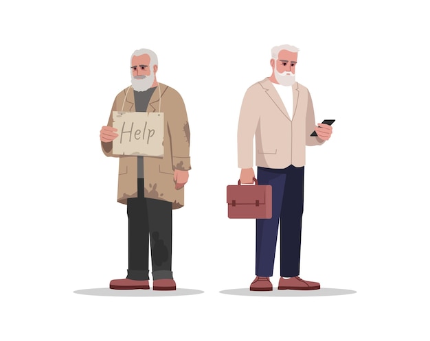 Vector elderly employment situation semi flat rgb color vector illustration set. old jobless homeless person. elder corporate worker. senior employee isolated cartoon character on white background