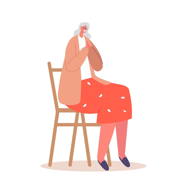 Vector elderly female character sit on chair in a state of deep catholic prayer with clasped hands radiate religious sense