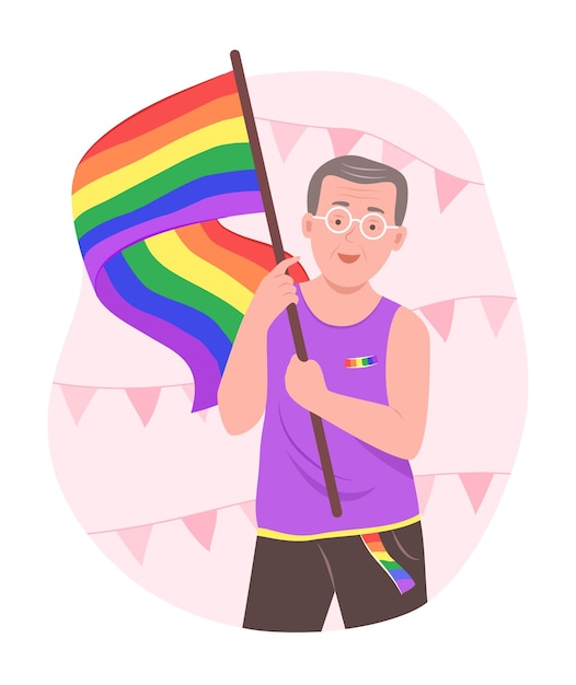 elderly gay man holding the lgbt rainbow flag for gay pride celebration concept illustration