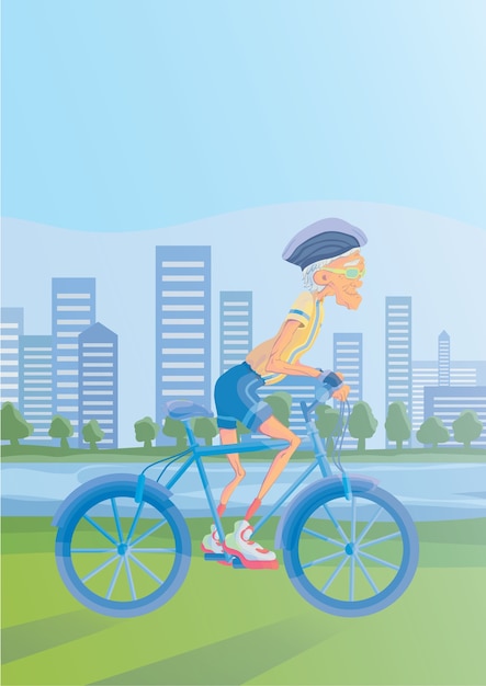 An elderly gray-haired man riding a Bicycle in a Park on the banks of the river. Active lifestyle and sport activities in old age. illustration.