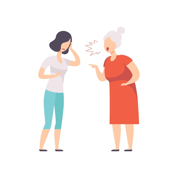 Vector elderly gray haired woman yelling at frustrated young woman mother scolding her adult daughter