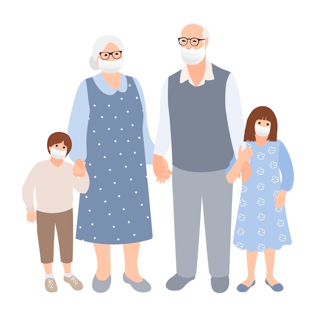 Vector elderly grayhaired couple with grandchildren in mrdicine maks