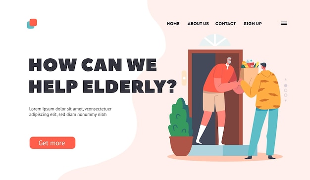 elderly help and support landing page template delivery man volunteer or courier delivering food to senior man