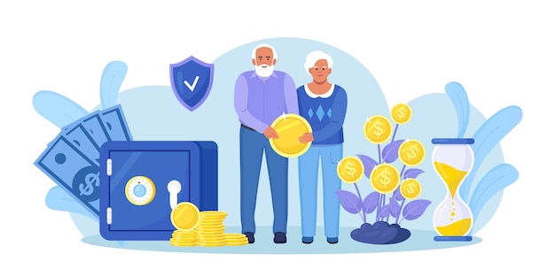 Elderly husband and wife are standing near bank safe money tree holding gold coin pensioners couple keeping cash in bank deposit account pension savings investment in retirement mutual fund