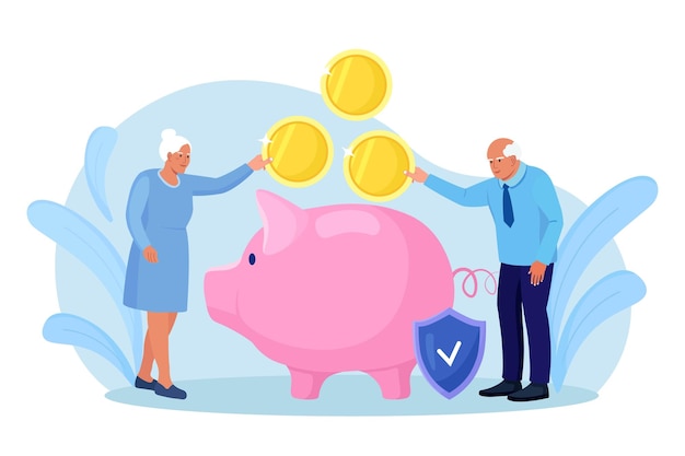 Vector elderly husband and wife throwing coins into piggy bank pensioners couple keeping money in bank deposit account pension savings investment in retirement mutual fund retirement family budget