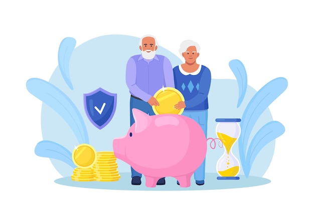 Vector elderly husband and wife throwing coins into piggy bank pensioners couple keeping money in bank deposit account pension savings investment in retirement mutual fund retirement family budget