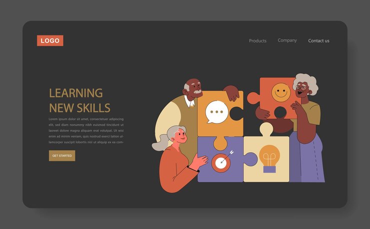 Vector elderly individuals piecing together a puzzle symbolizing lifelong learning and cognitive health