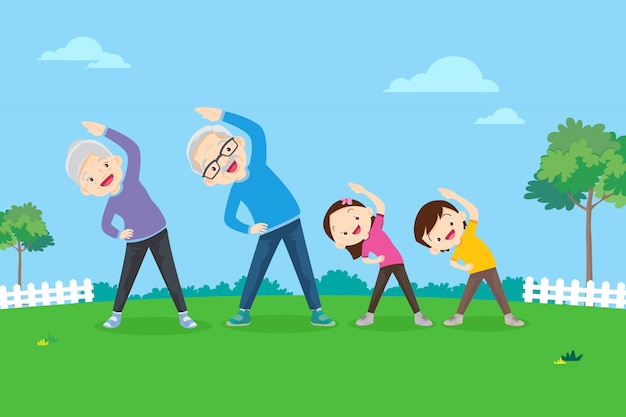 Elderly and kids doing exercises