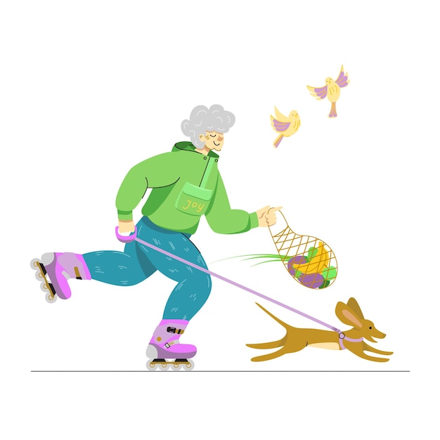 Vector elderly lady rollerskating for her leisure time smiling senior woman with a cute dog active ageing