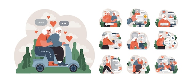 Vector elderly love set seniors exploring online dating expressing affection and enjoying quality time