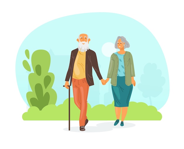 Пожилая любящая пара мужчина и женщина гуляют в парке возле озера, держась за руки