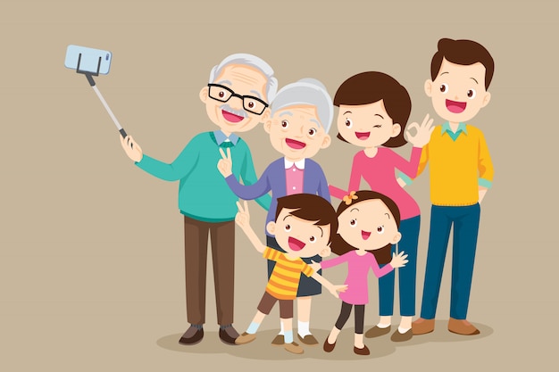 Elderly making selfie photo with family