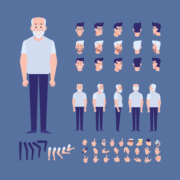 Vector elderly man for animation with various hairstyles and gestures