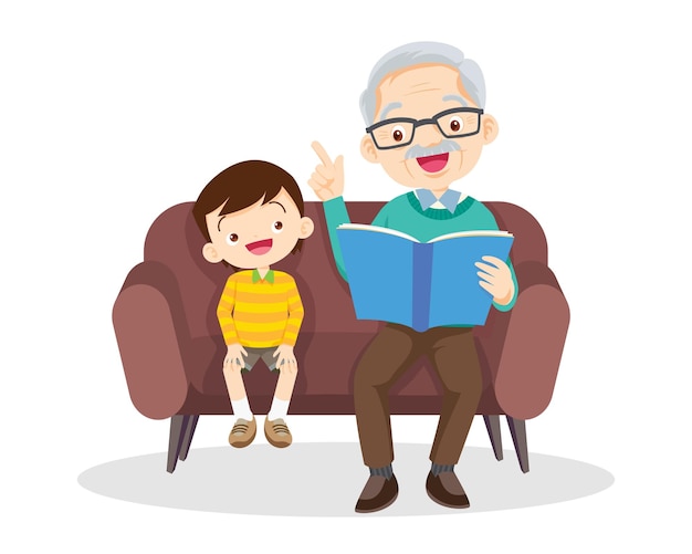 Elderly man and boy reading book