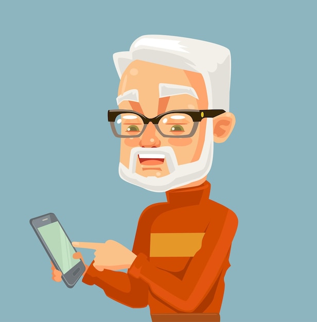 Vector elderly man character looking on smartphone and typing massage modern technologies