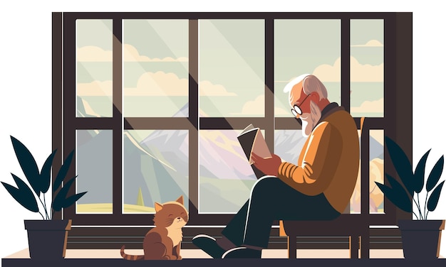 Elderly man character reading a book on chair with adorable cat plant vase on mountain landscape through window background