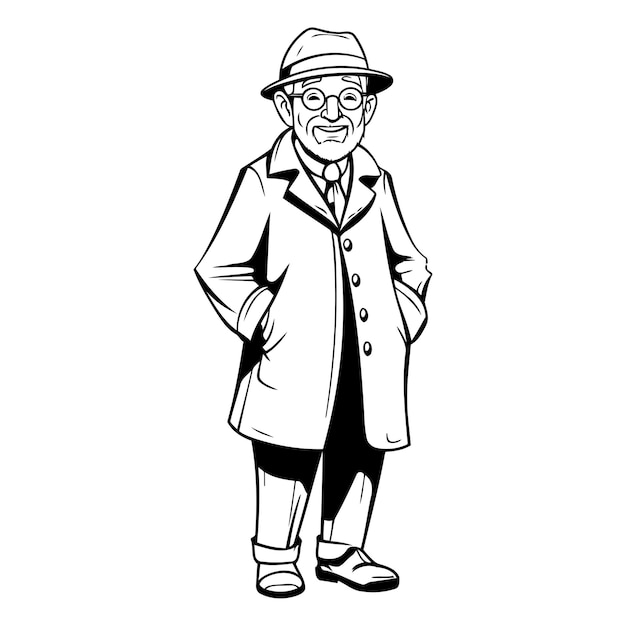 Vector elderly man in a coat and hat