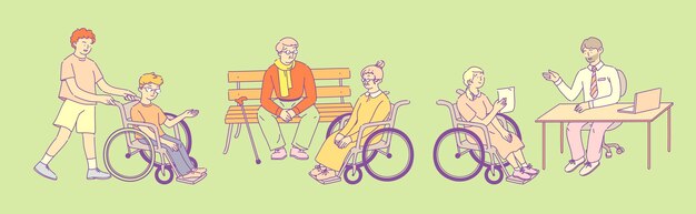 Elderly man communicates with an elderly grandmother in wheelchair girl in stroller at recruitment