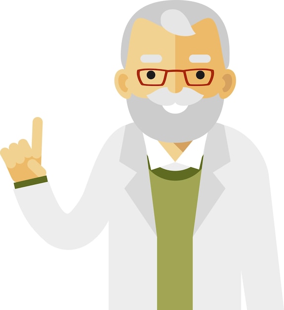 Elderly Man Doctor Front View Finger Up Flat Style