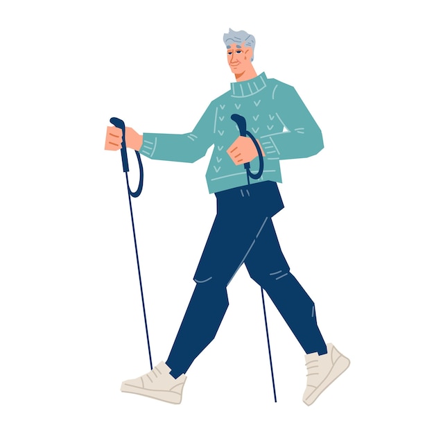 Elderly man does nordic walking workout for concept of sport workout is perfect for elderly people and all fitness levels nordic walking activity flat vector illustration isolated on white