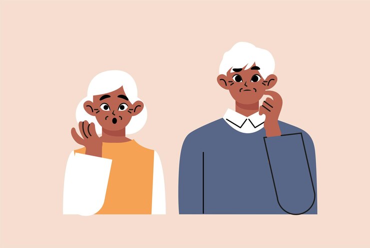 Vector elderly man and an elderly woman thought about the problem. cute grandma and grandpa solve the probl