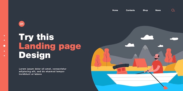 ハイキングに行く老人フラットベクトルイラスト。祖父は川に浮かんで、ボートに座って、岸にテントを張っています。キャンプ、老後、退職、旅行、休暇、バナーデザインの観光コンセプト
