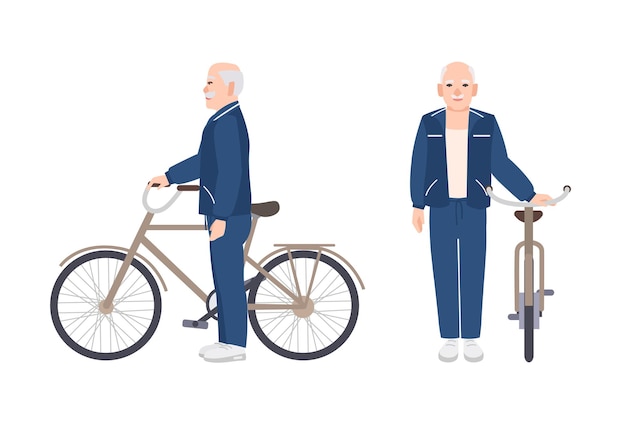 Elderly man or grandfather dressed in sport apparel standing beside bike