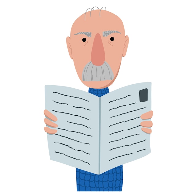 Vector elderly man grandfather with long mustache in a sweater reading a news newspaper doodle linear cartoon