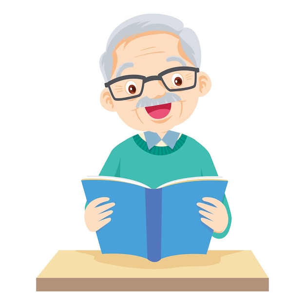 Elderly man happy read and holds a book in his hands