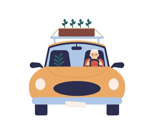 屋根のベクトルフラットイラストに植物の箱と車を運転する眼鏡の老人。自動車に乗る老人男性は、白い背景で隔離の苗を運びます。車両の正面図に乗っているドライバー。
