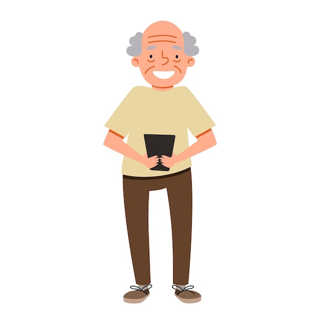 Пожилой мужчина играет на телефоне