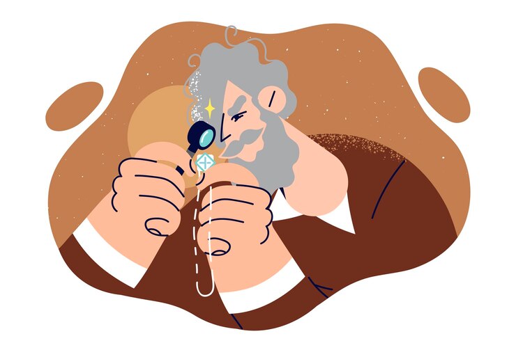 Vector elderly man jeweler examines silver necklace through magnifying glass to evaluate accessory
