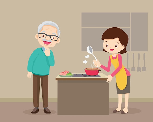 Elderly man looking to lovely woman cooking in kitchen