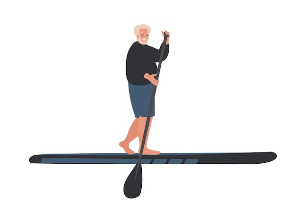 Vector an elderly man on a paddle board with a black oar, sup board, stan up paddle board concept