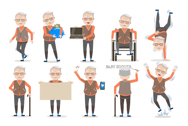 Vector elderly man posture set.