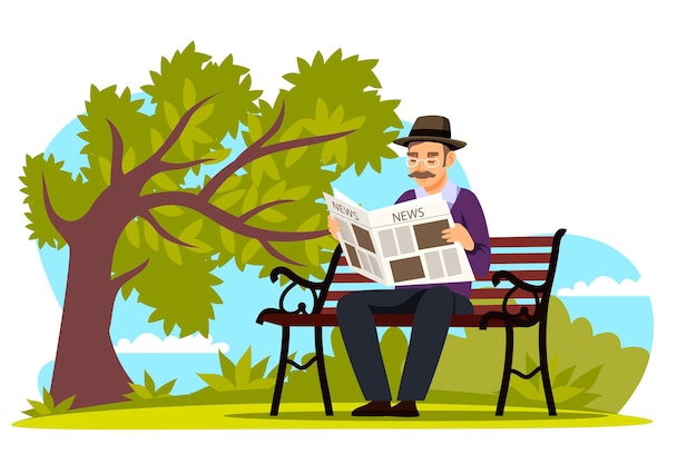 老人は都市公園でニュースを読むベンチに座っている祖父は緑の木々や茂みの近くで新聞を持っています