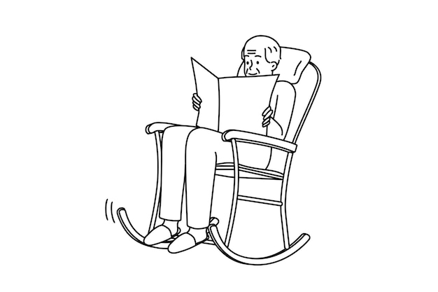 Elderly man sit in chair reading newspaper