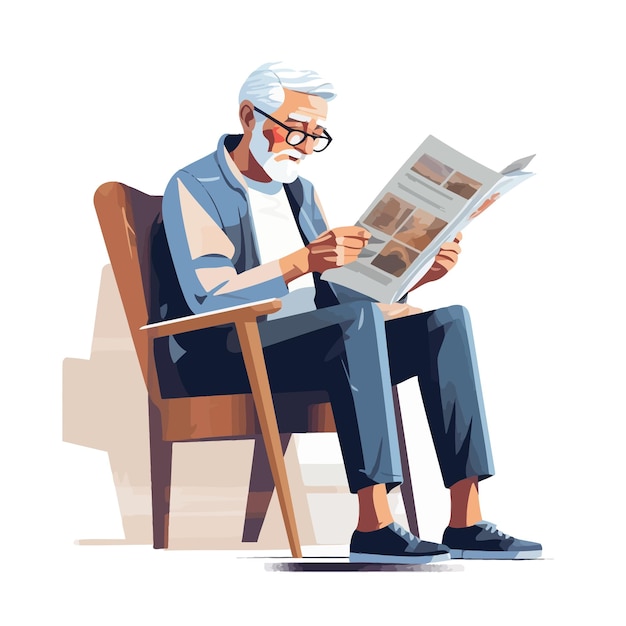 Vector elderly man sit in chair reading newspaper