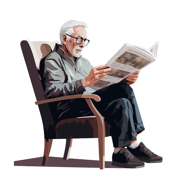 Elderly man sit in chair reading newspaper