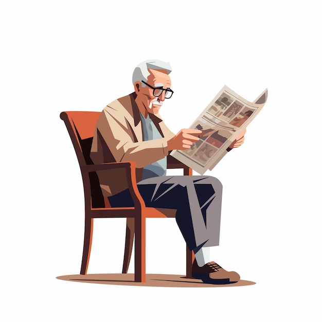 Vector elderly man sit in chair reading newspaper