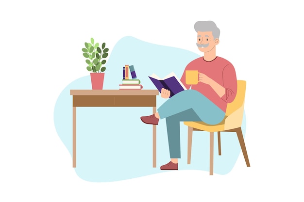 elderly man sitting in an armchair and reading a book vector illustration