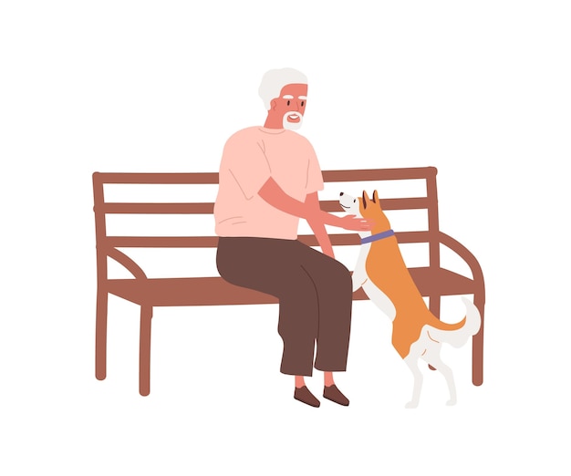 Elderly man sitting on bench outdoors and caress dog. Grandfather play with pet. Aged male character spend time with domestic animal. Flat vector cartoon illustration isolated on white.