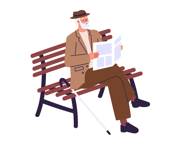 Elderly man sitting on bench and reading newspaper Old man with grey hair Recreation of a pensioner