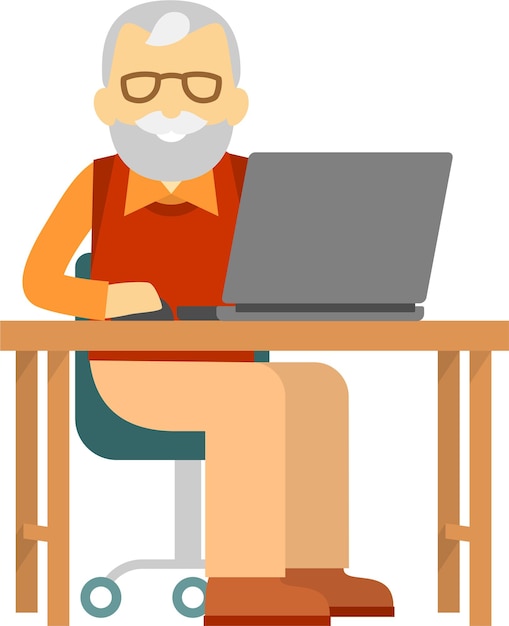 Vector elderly man sitting at desk and working with laptop using internet