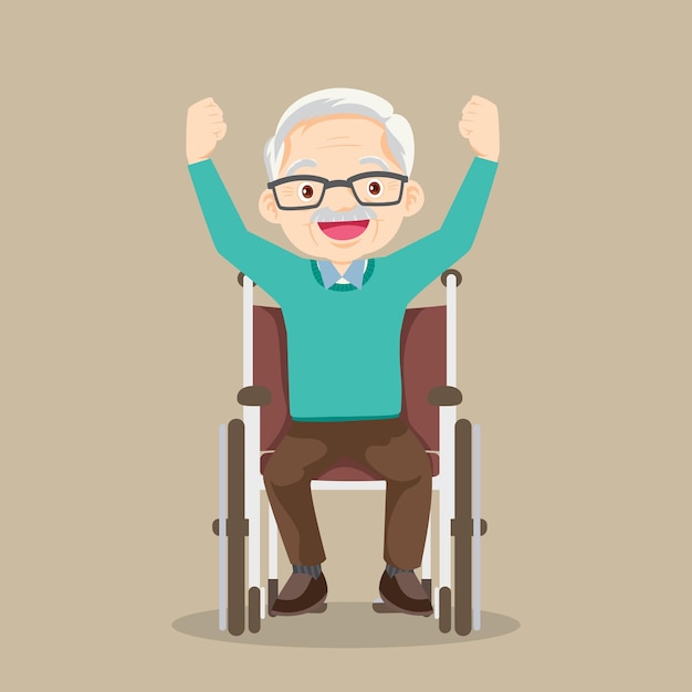 車椅子に座っている老人が車椅子で手を上げる年配の男性