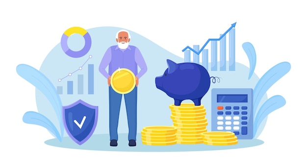 Vector elderly man standing near stack of money piggy bank holding gold coin pensioner keeping cash in bank deposit account pension savings investment in retirement mutual fund financial saving insurance