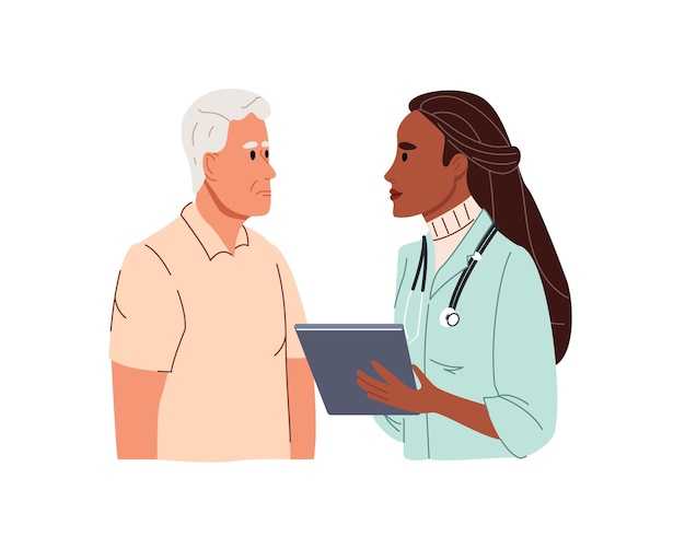 Vector elderly man standing talking to woman doctor. old person speaking with female physician vector