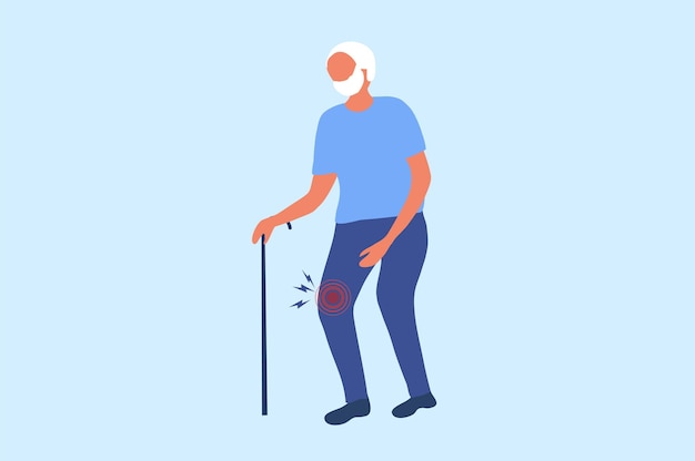 Пожилой мужчина страдает от боли в коленном сухожилии и векторной иллюстрации воспаления суставов