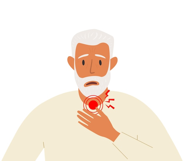 An elderly man suffering from a sore throat. Symptoms of a viral infection.