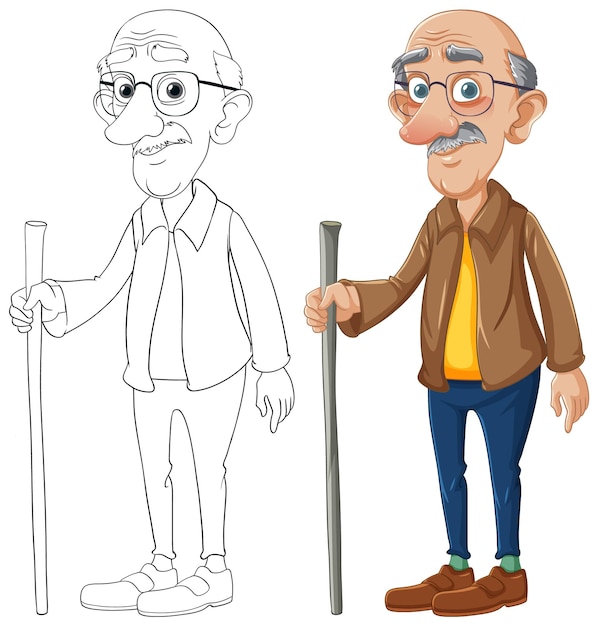 Vector elderly man walking with stick isolated cartoon character